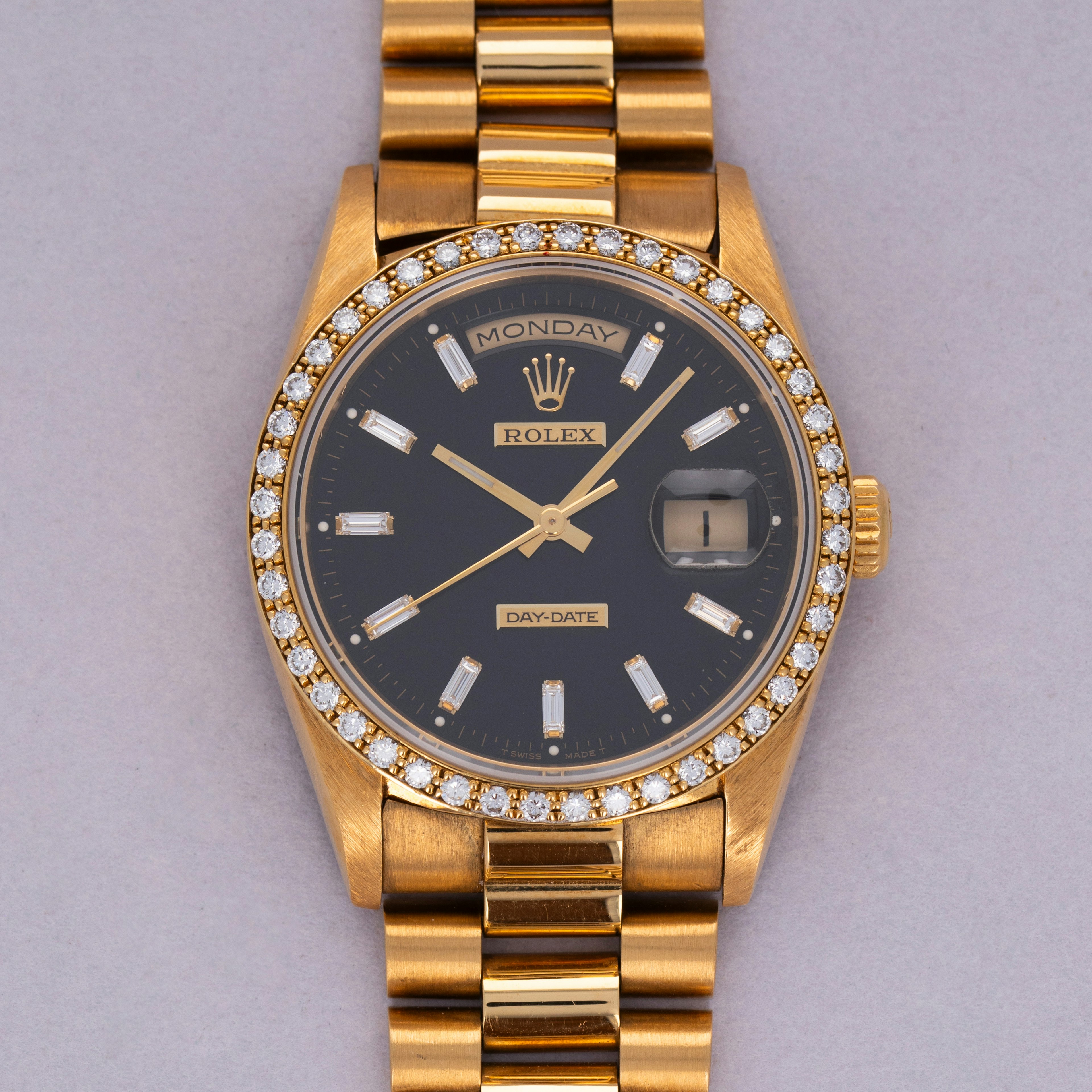 Thumbnail for Rolex Day-Date 18348 Diamond Bezel Baguette Black Dial Box and Papers