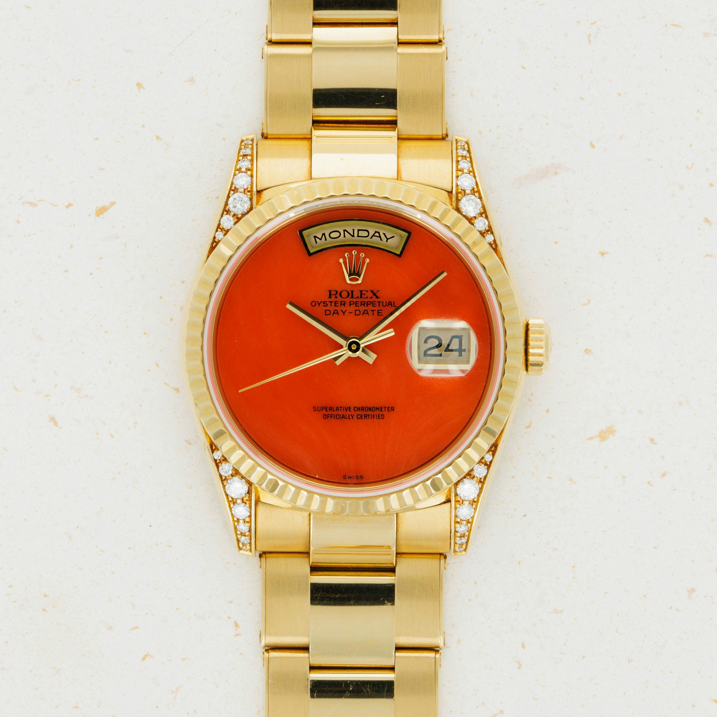 Thumbnail for Rolex Day-Date Coral Dial Diamond Lugs 18338 with Guarantee Certificate