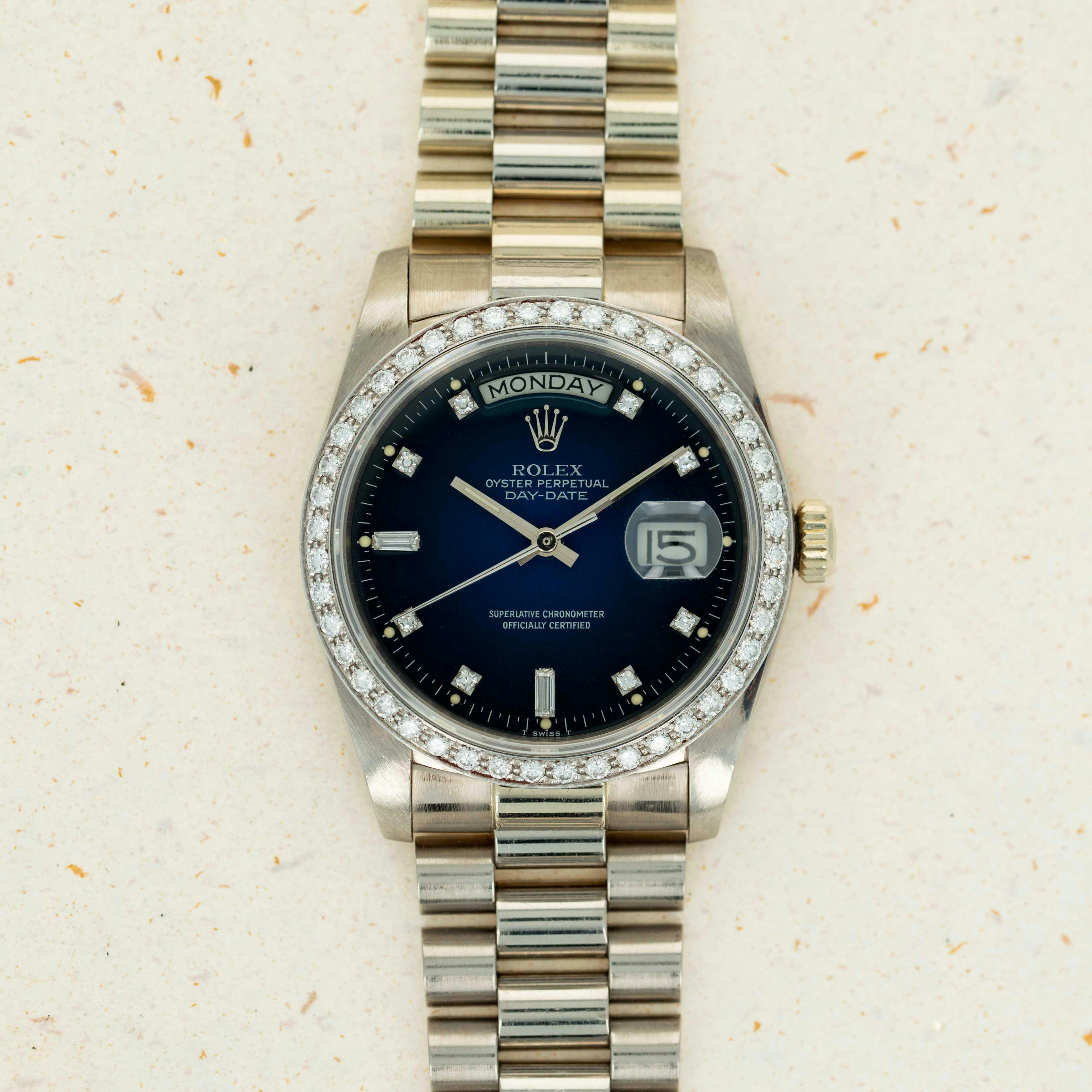 Thumbnail for Rolex Day-Date 18049 Diamond Bezel Blue Vignette Diamond Dial 18k WG