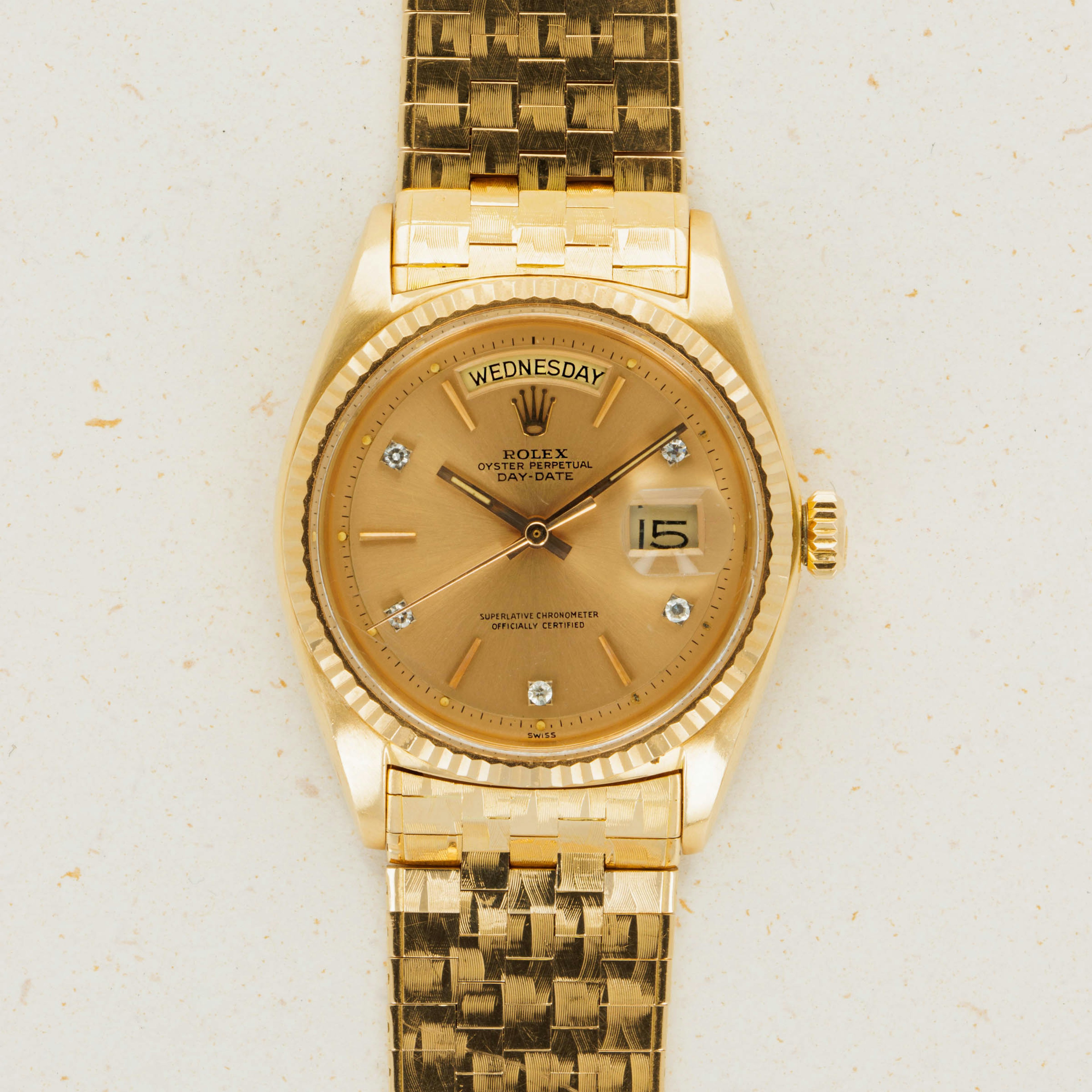 Thumbnail for Rolex Day-Date 1803 Rose Gold Five Diamond Dial Brick Bracelet