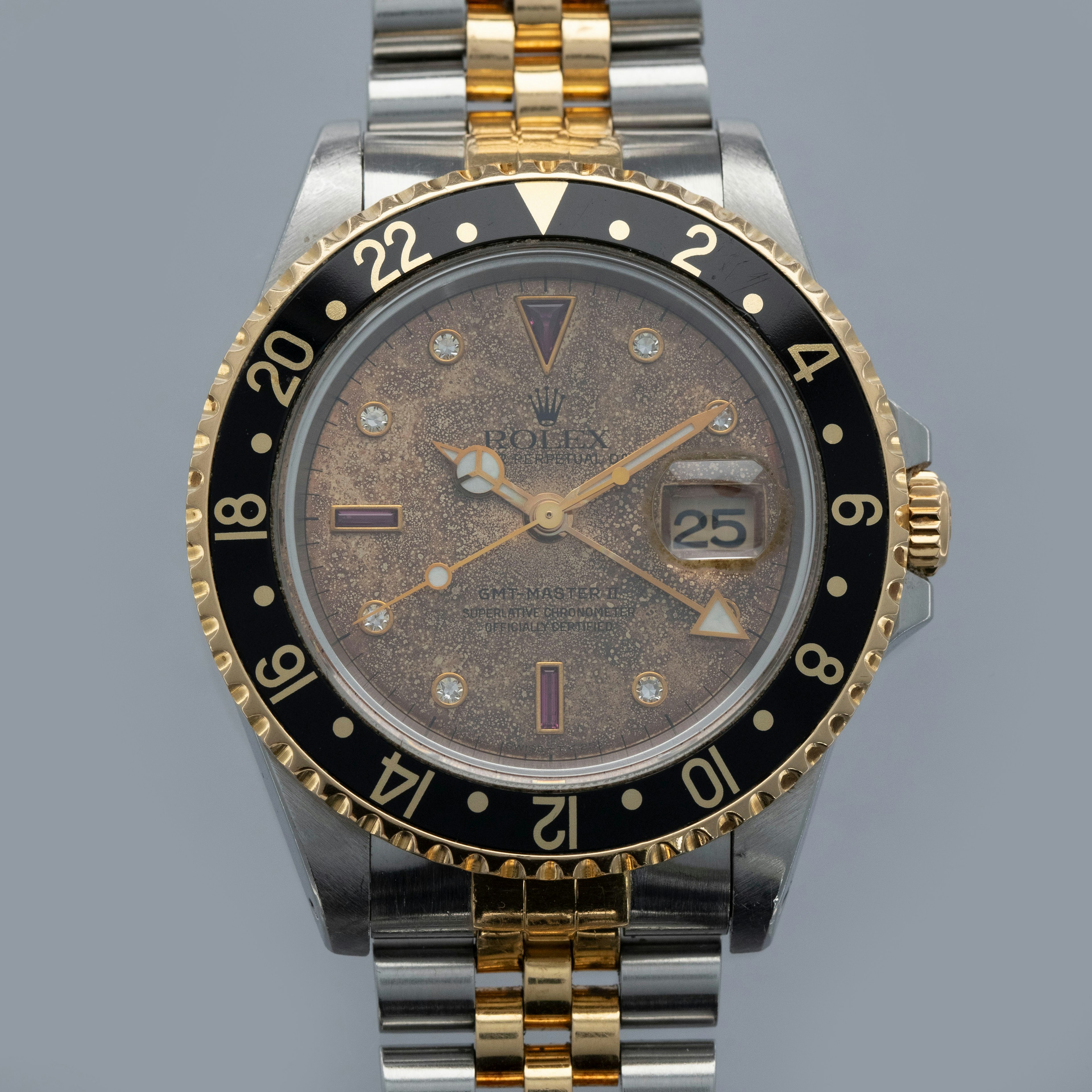 Thumbnail for Rolex GMT-Master II 16713 Patinated Ruby and Diamond Serti-Dial Two Tone