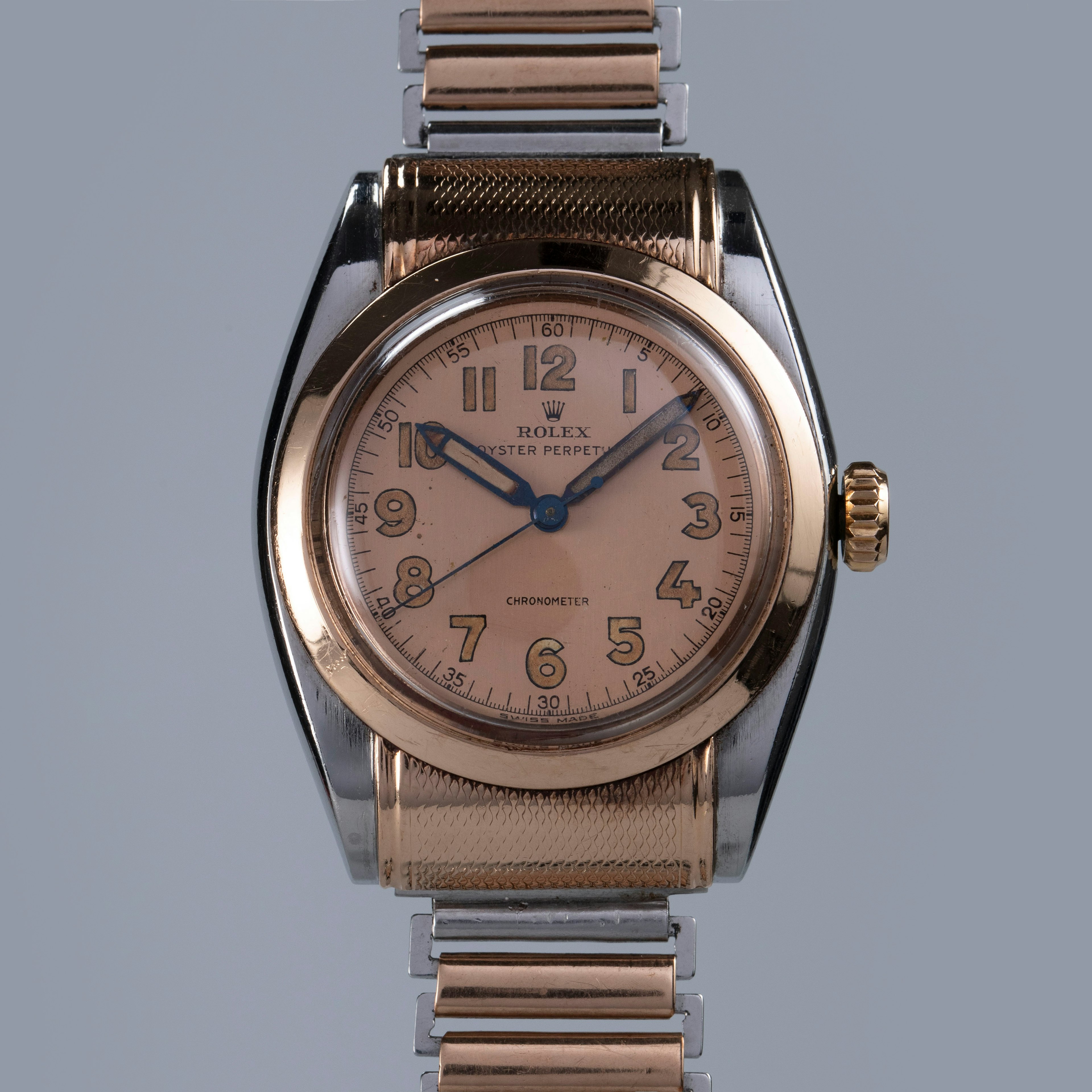 Thumbnail for Rolex Oyster Perpetual Bubbleback Salmon Dial Hooded Lugs 6087 18K RG and Steel 