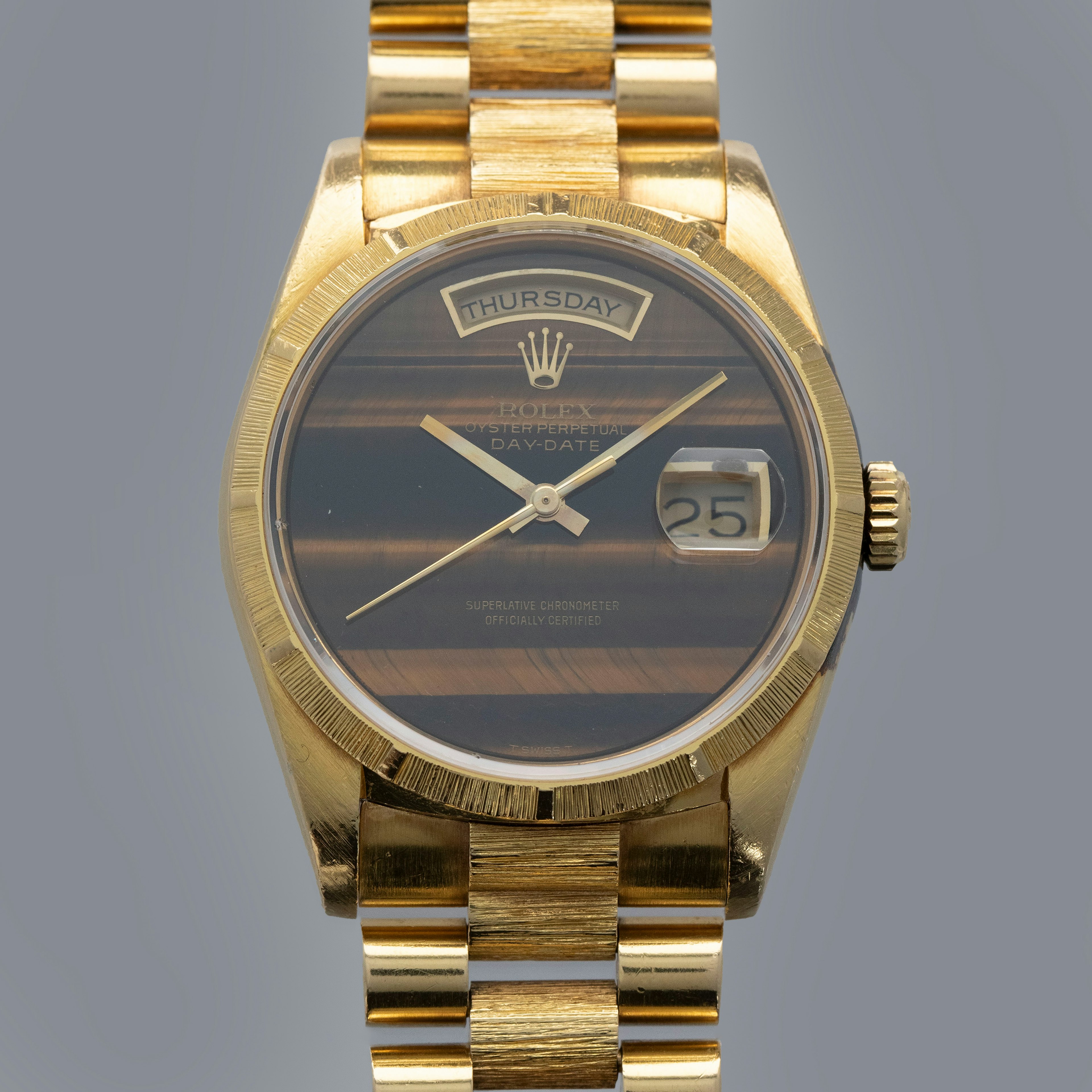 Thumbnail for Rolex Day-Date 18248 Bark Finish Tiger’s Eye Dial 18K YG Box and Papers