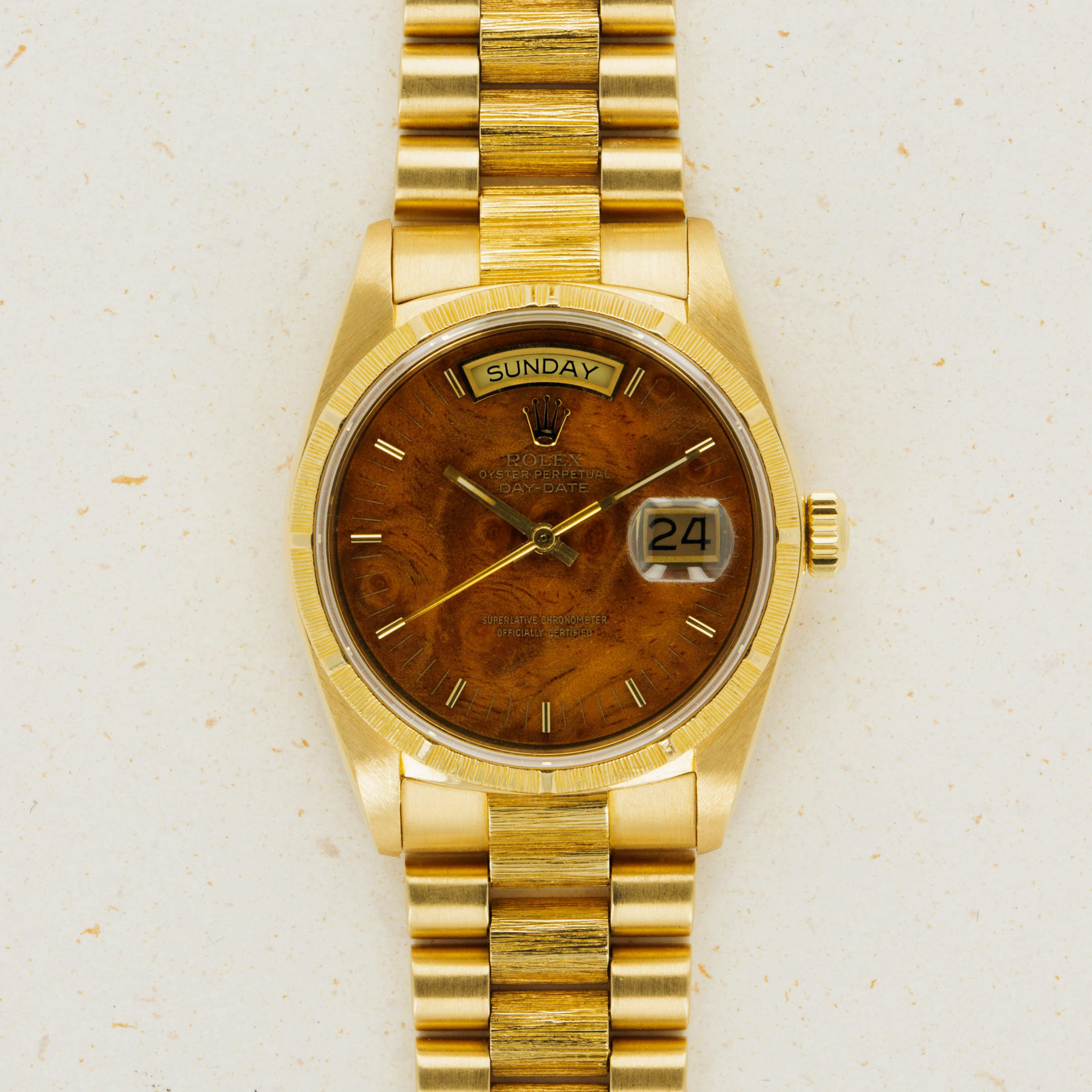 Thumbnail for Rolex Day-Date 18038 Burlwood Dial Bark Bezel and Bracelet 
