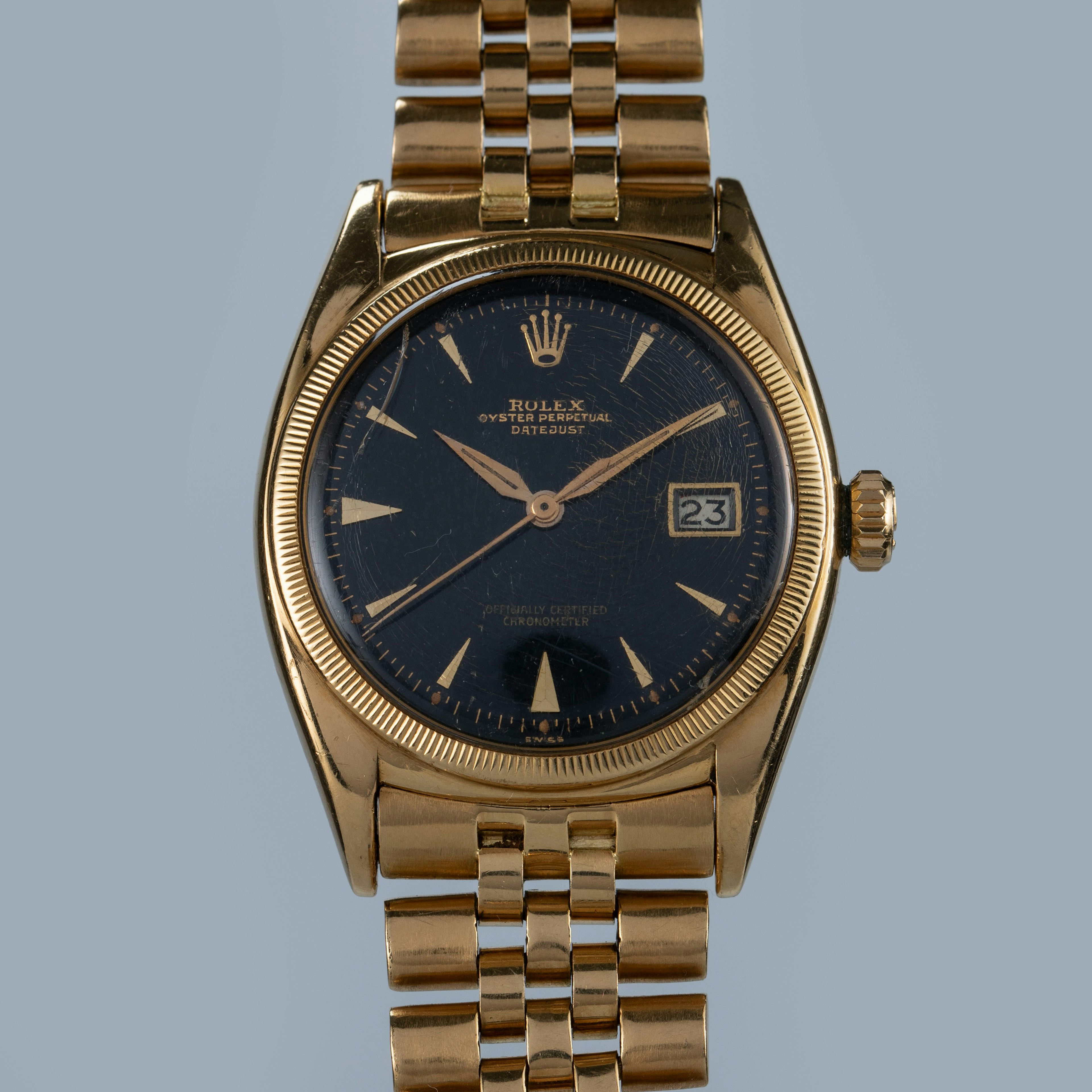 Thumbnail for Rolex Datejust "Ovettone" 6105 Black Gilt Dial 18K YG