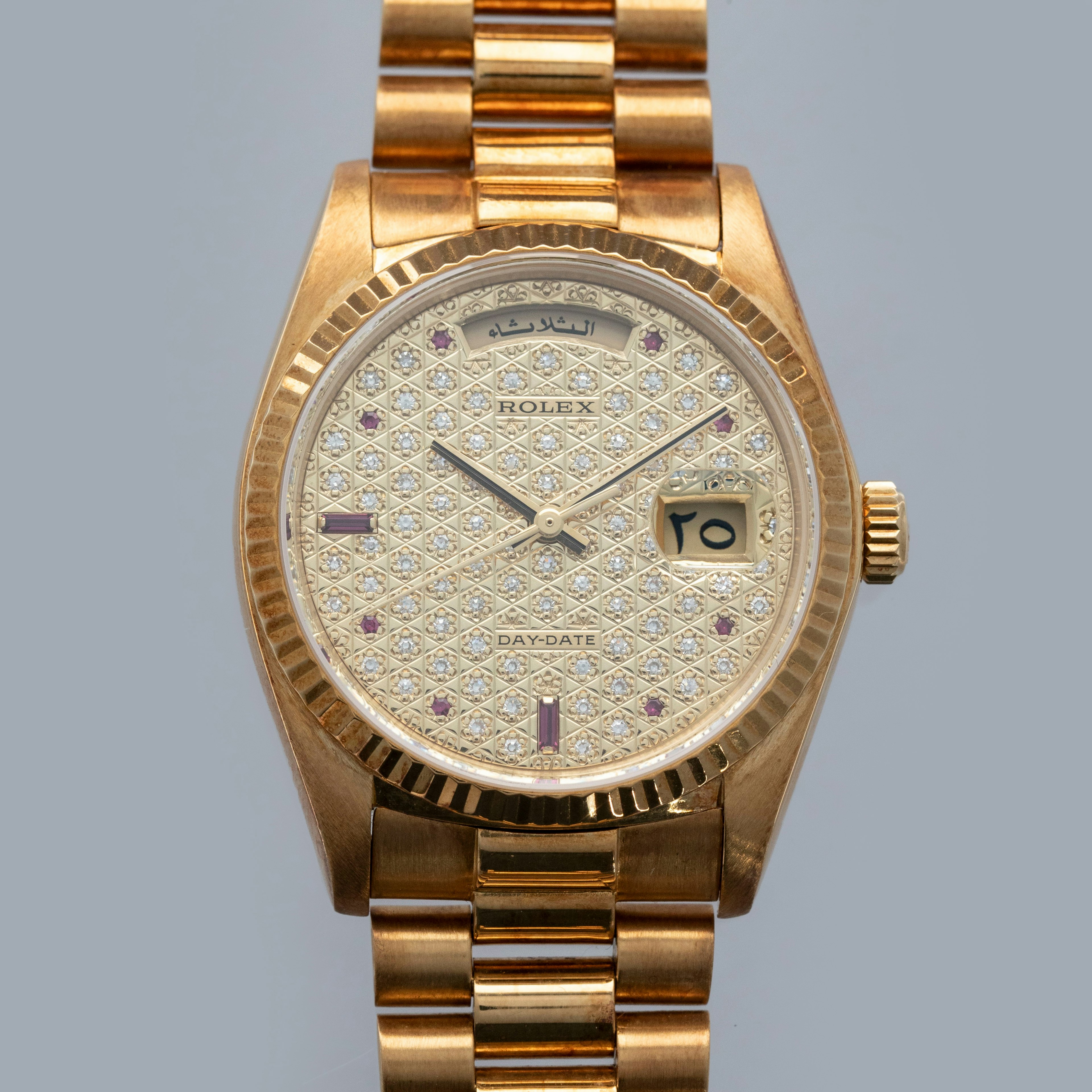 Thumbnail for Rolex Day-Date 18038 Engraved Diamond Dial Ruby Indexes Arabic Date Wheels 18k YG