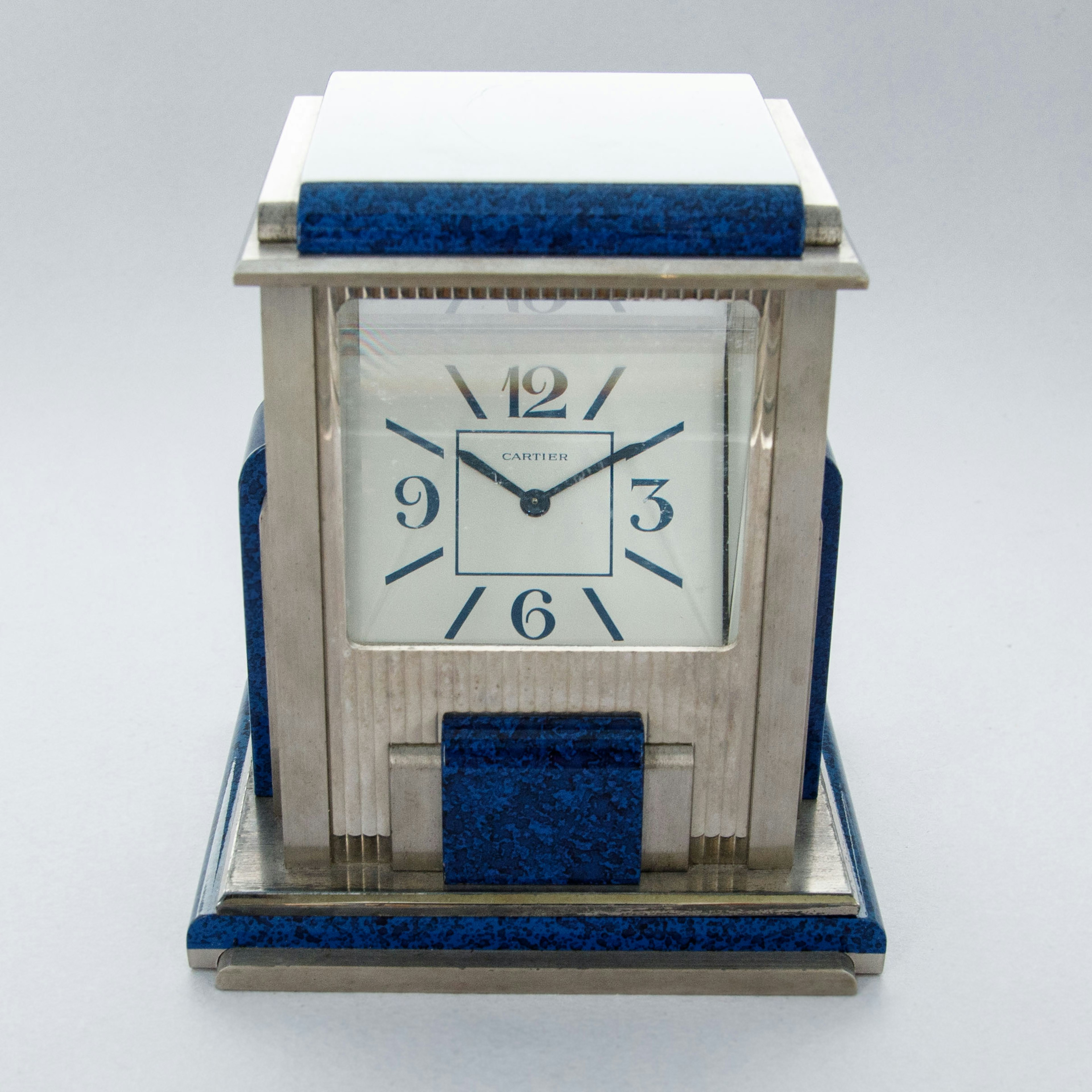 Thumbnail for CARTIER PRISM CLOCK SILVER PLATE SIMULATED LAPIS LAZULI QUARTZ MOVEMENT