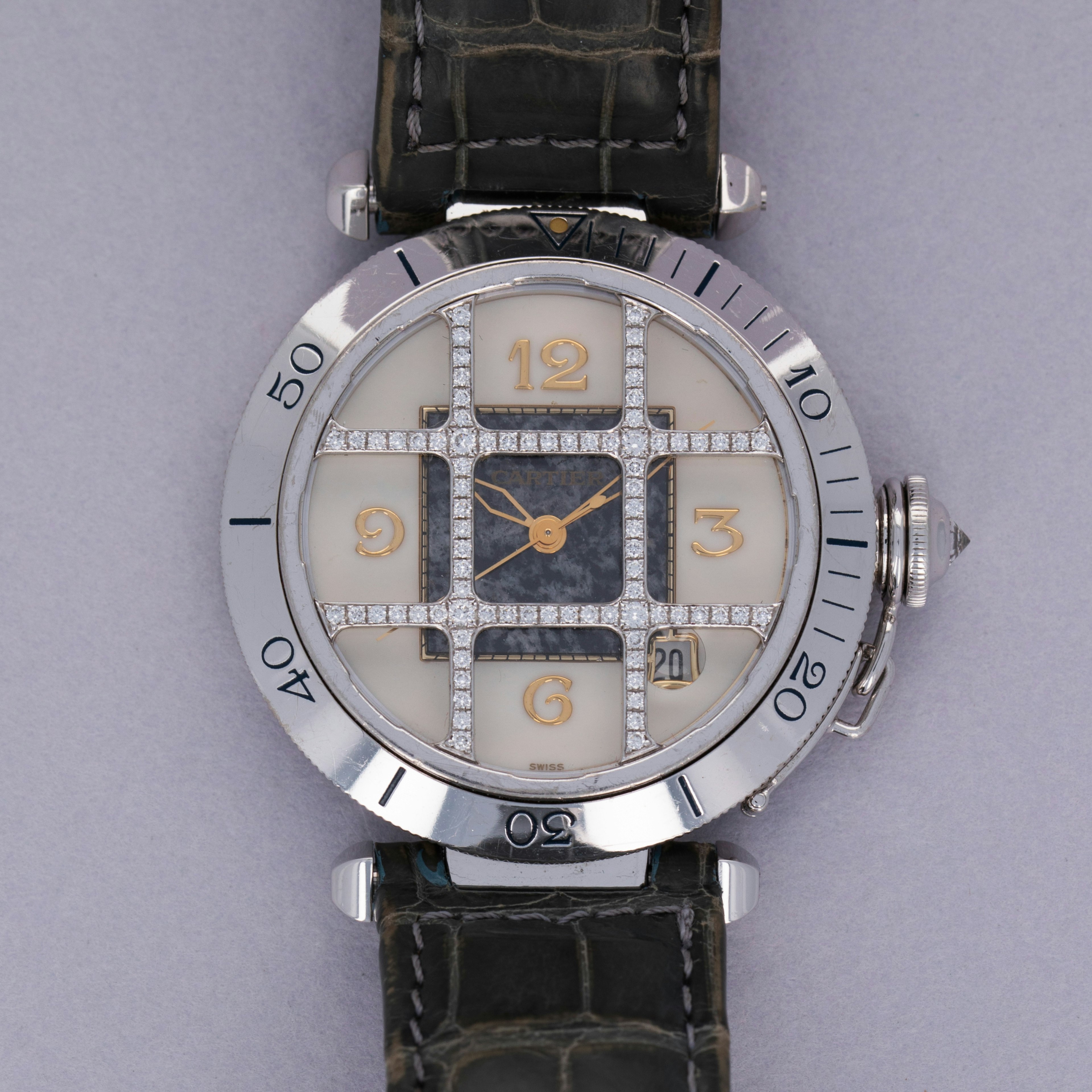Thumbnail for Cartier Pasha 2313 Green Marble Dial Diamond Grill 18k WG