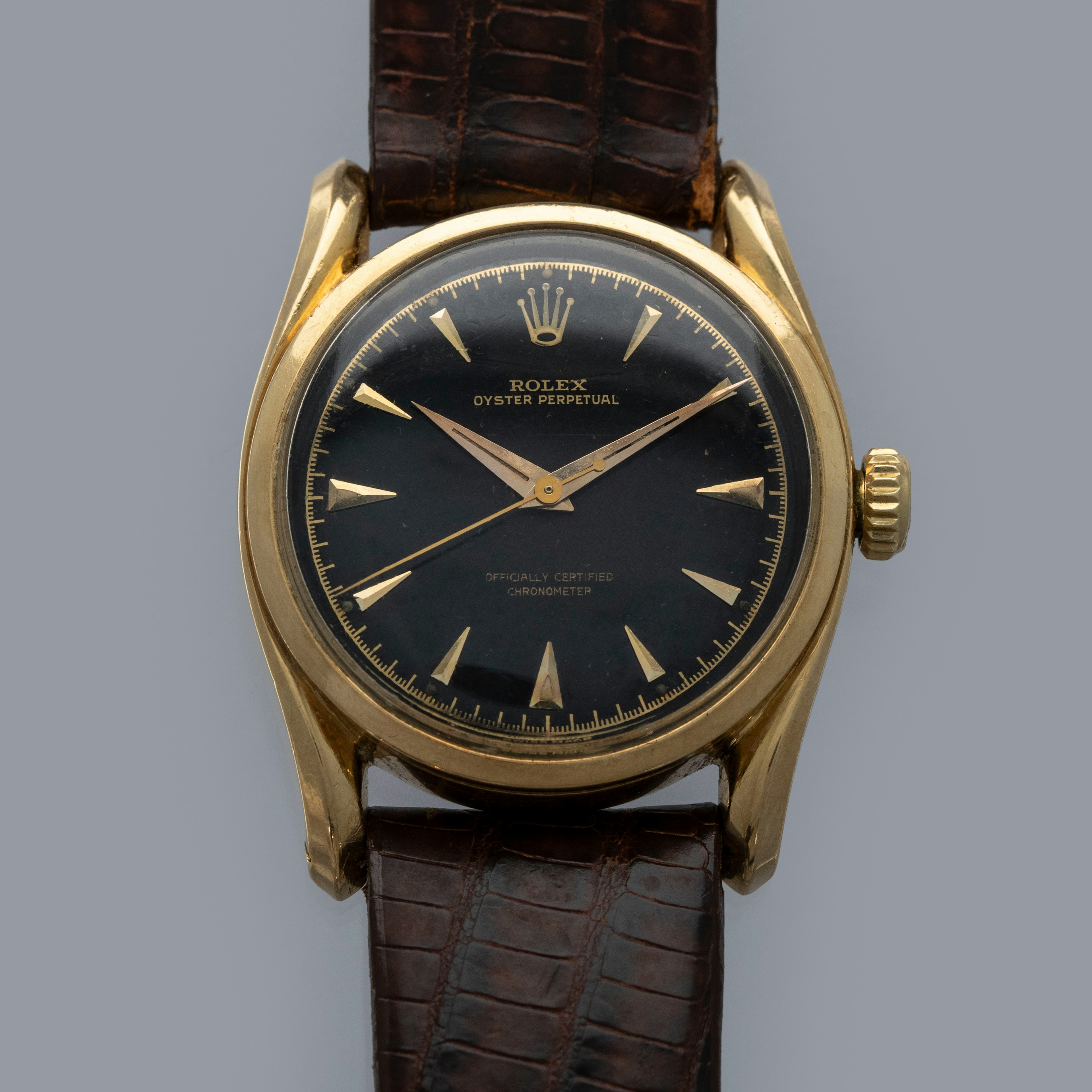 Thumbnail for Rolex Oyster Perpetual 6090 Bombé Black Gilt Dial 18K YG