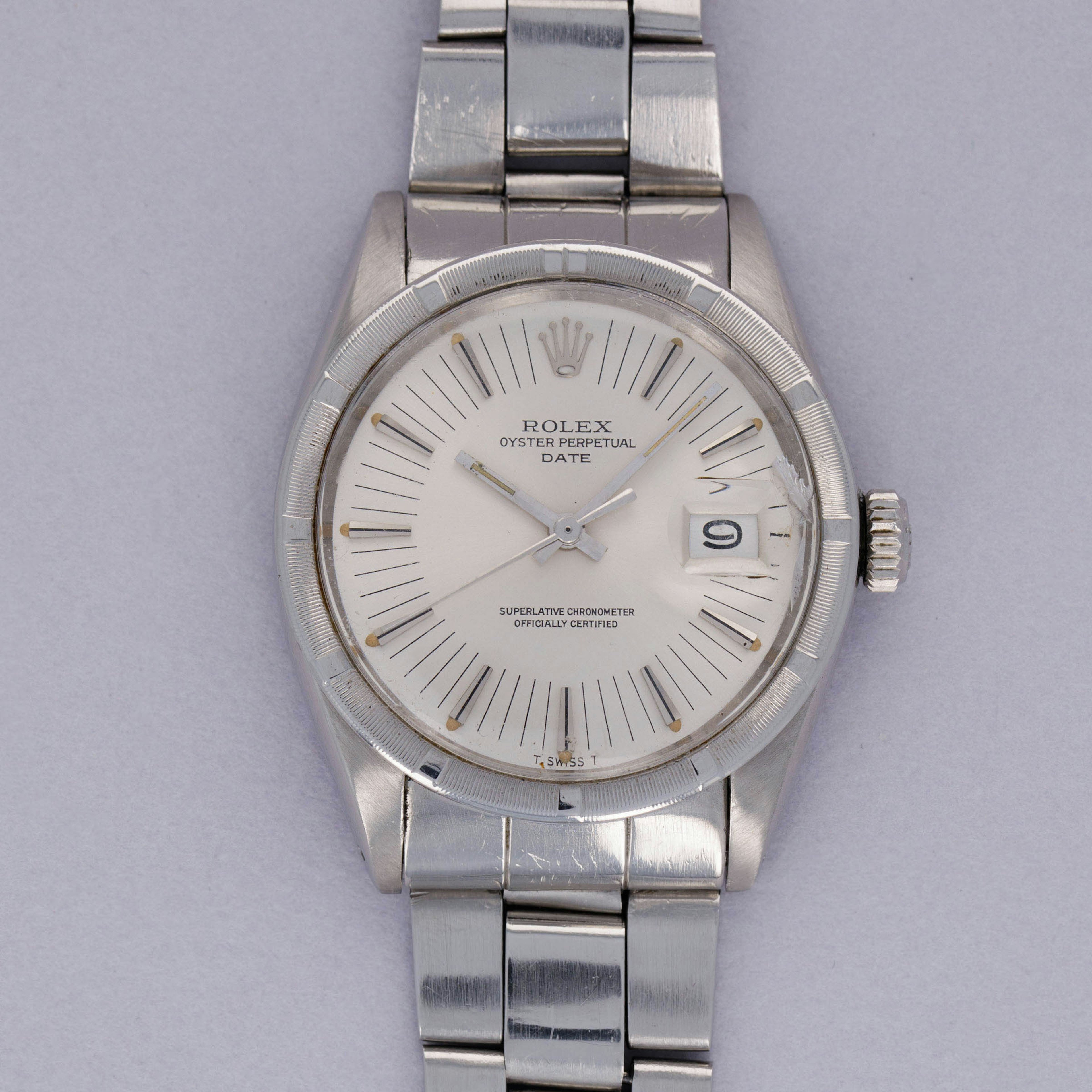 Thumbnail for Rolex Oyster Perpetual Date 1501 Silver Radial Dial Engine Turned Bezel
