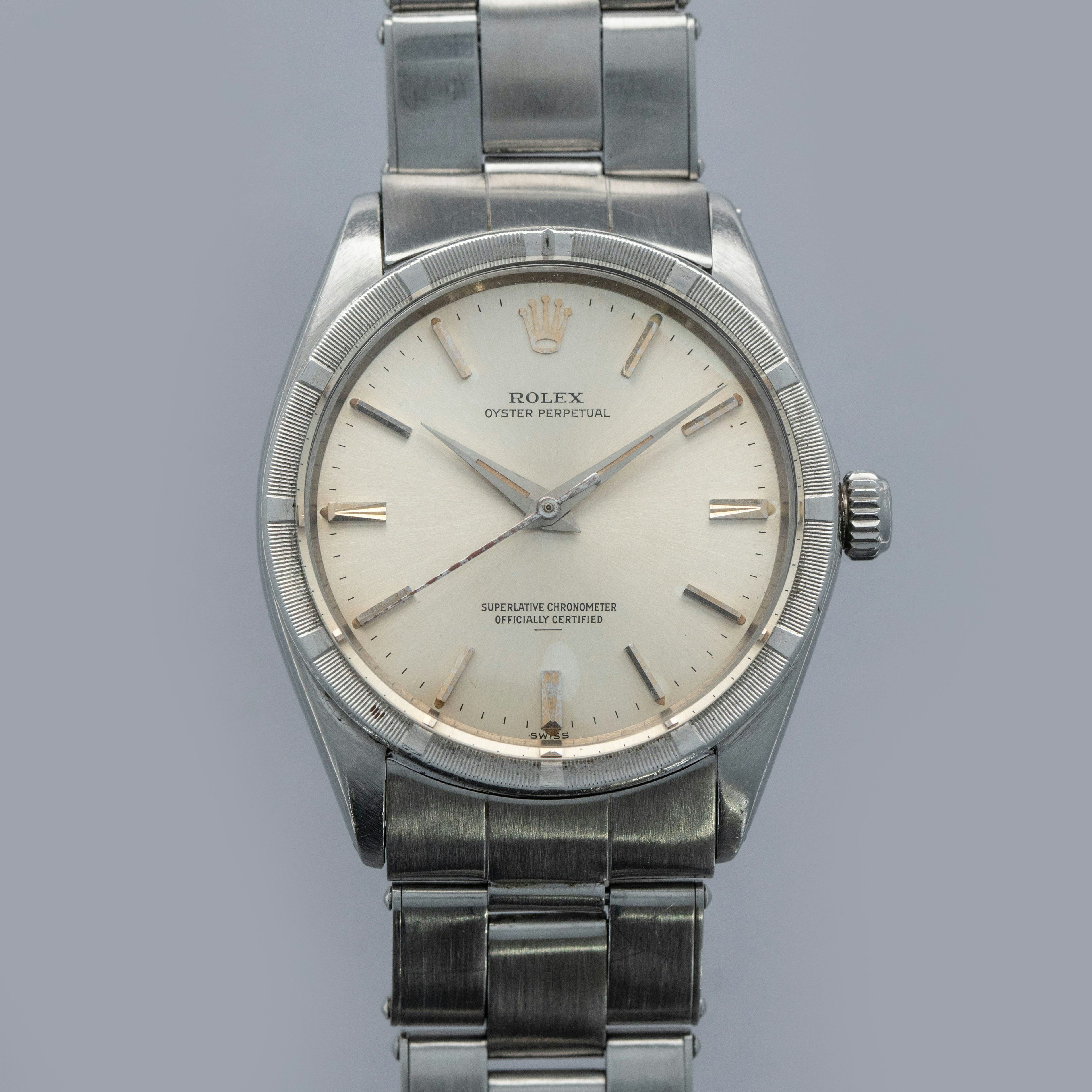 Thumbnail for Rolex Oyster Perpetual 1007 Engine Turned Bezel Silver Underline Dial