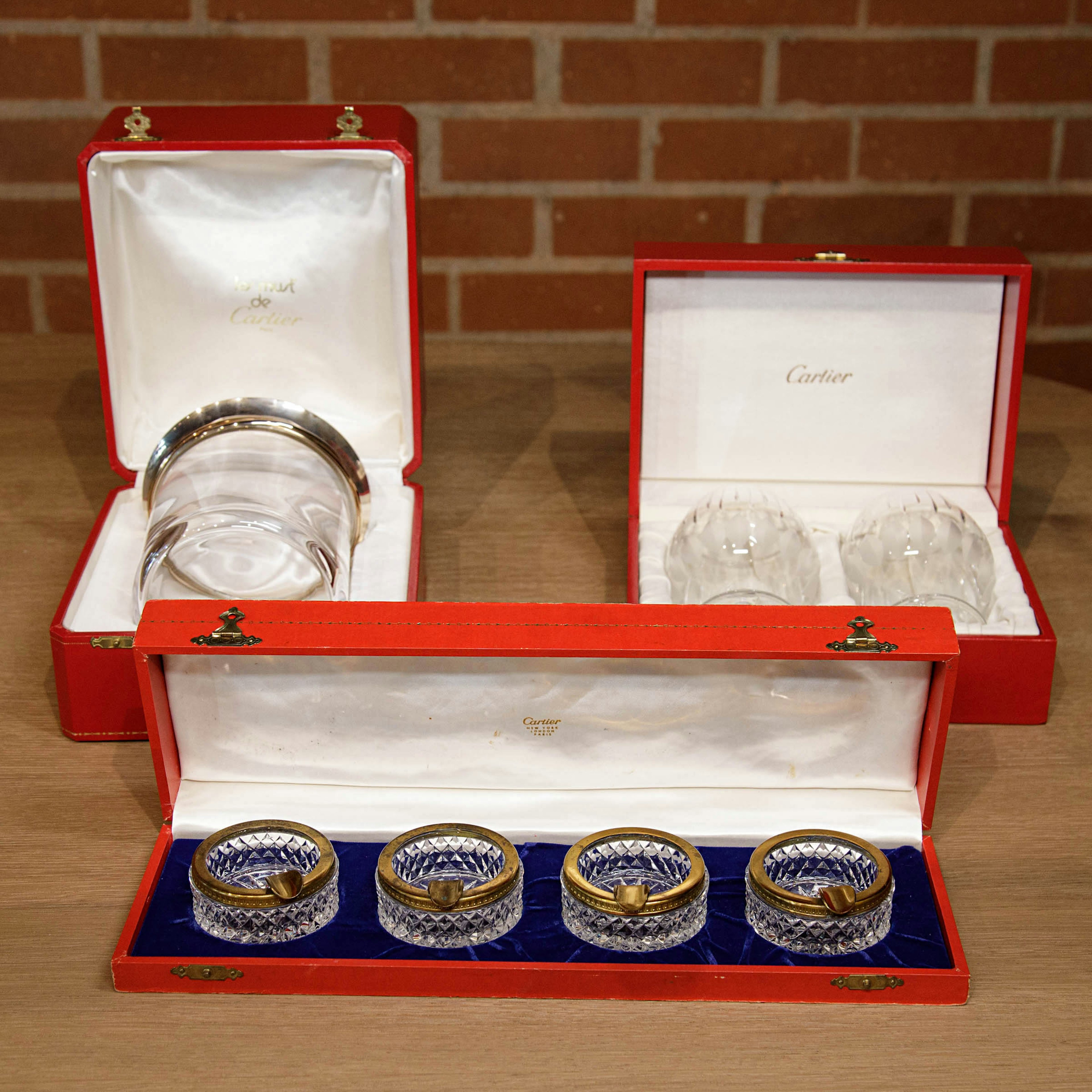 Thumbnail for Cartier Crystal Barware NOS Set of 4 Ashtrays, Trinity Ice Bucket and 2 Goblets