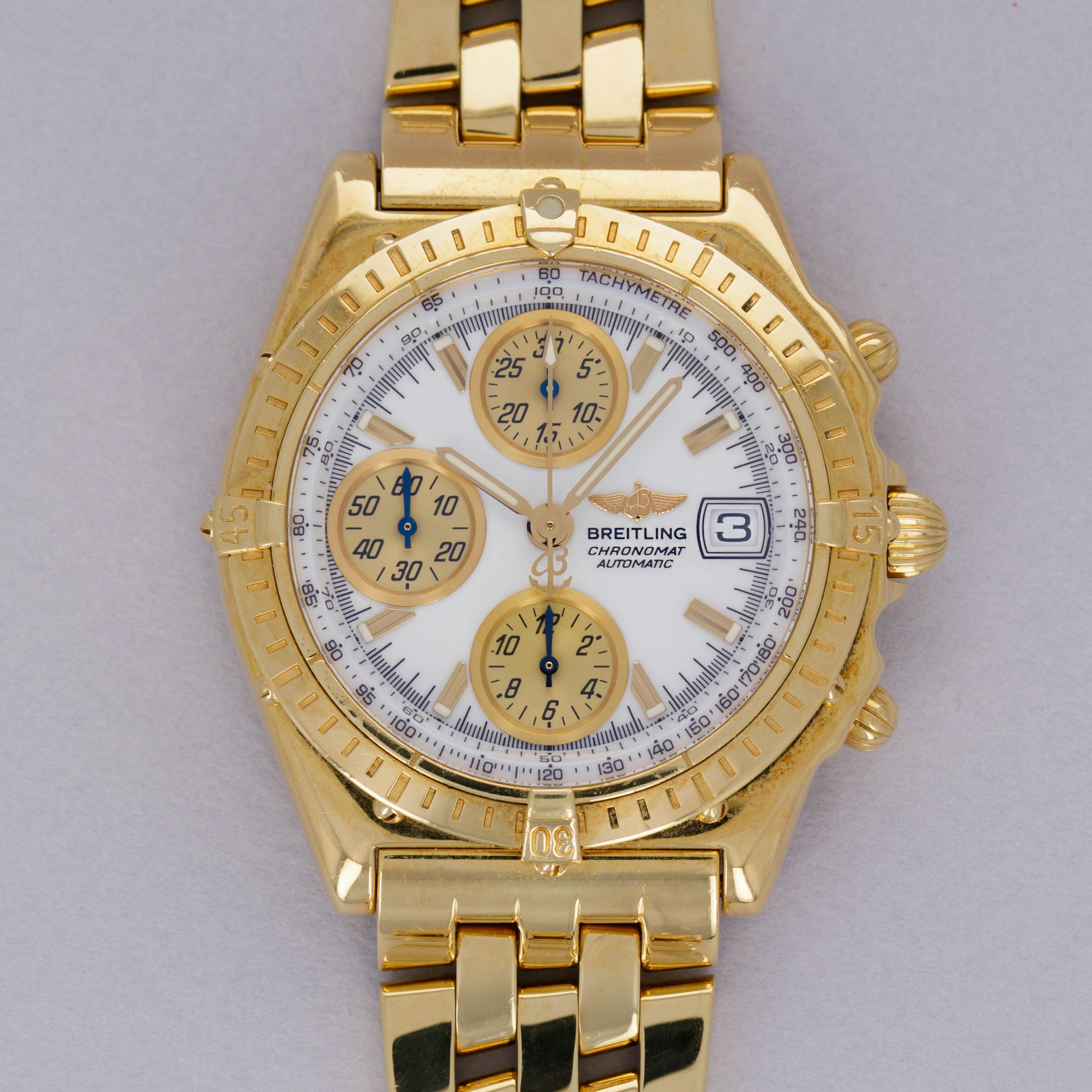 Thumbnail for Breitling Chronomat Chronograph K13050.1 White Dial 18k YG