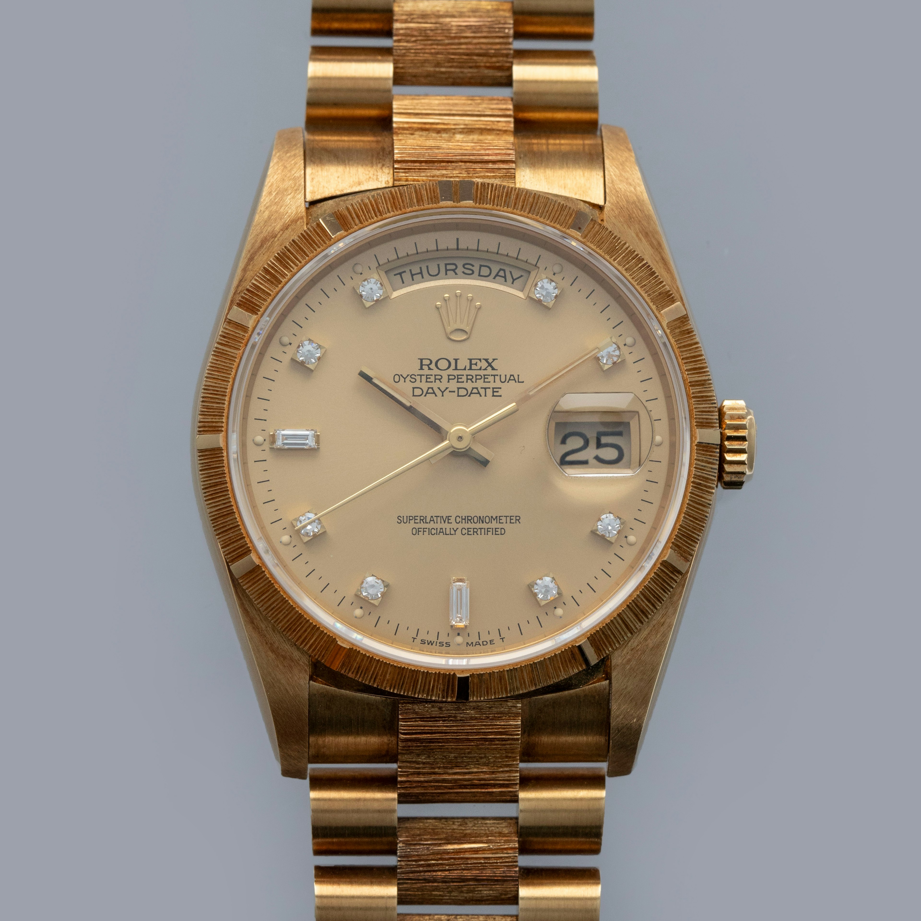 Thumbnail for Rolex Day-Date 18248 Bark Finish Champagne Diamond Dial 18k YG Box and Papers