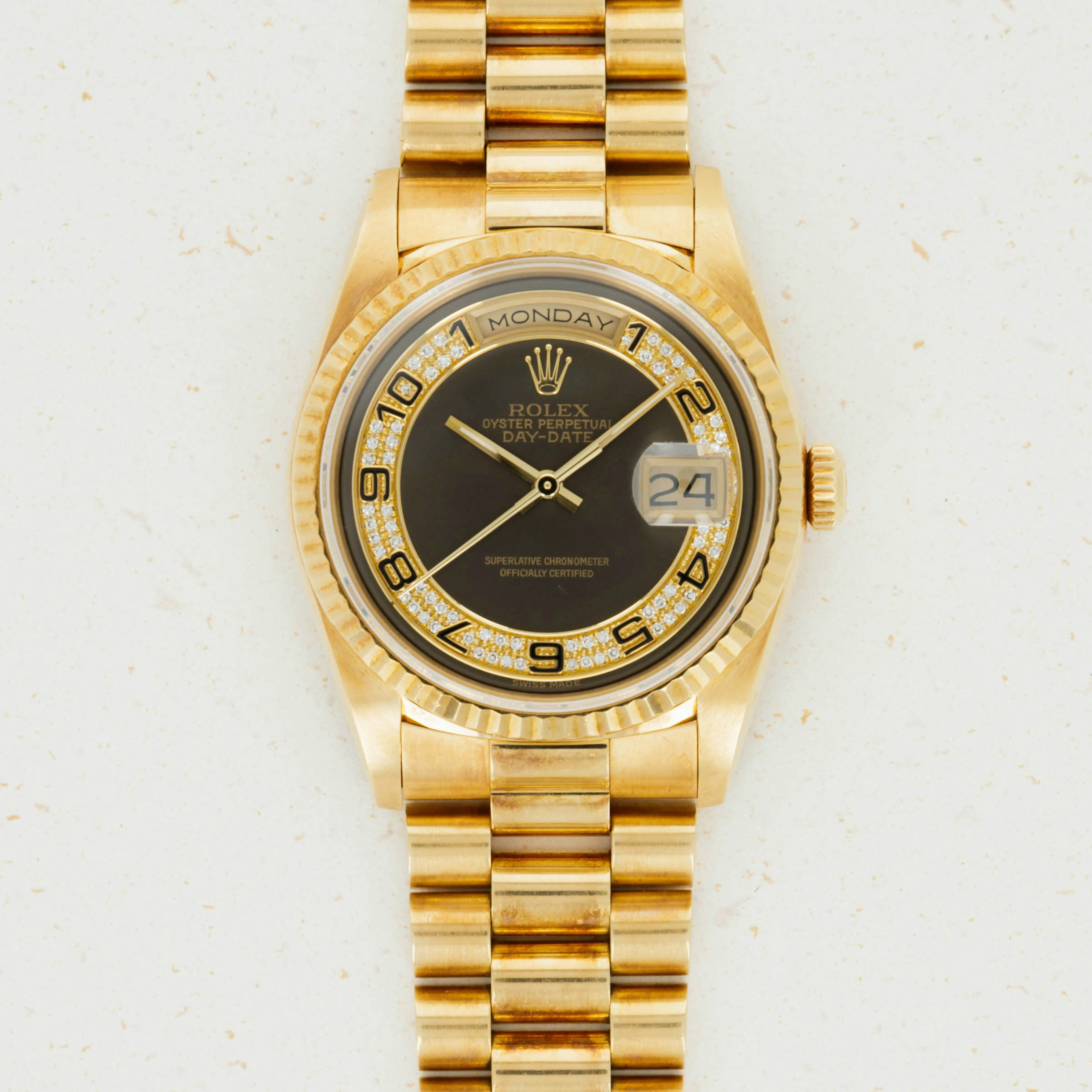 Thumbnail for Rolex Day-Date Brown Myriad Diamond Dial 18238